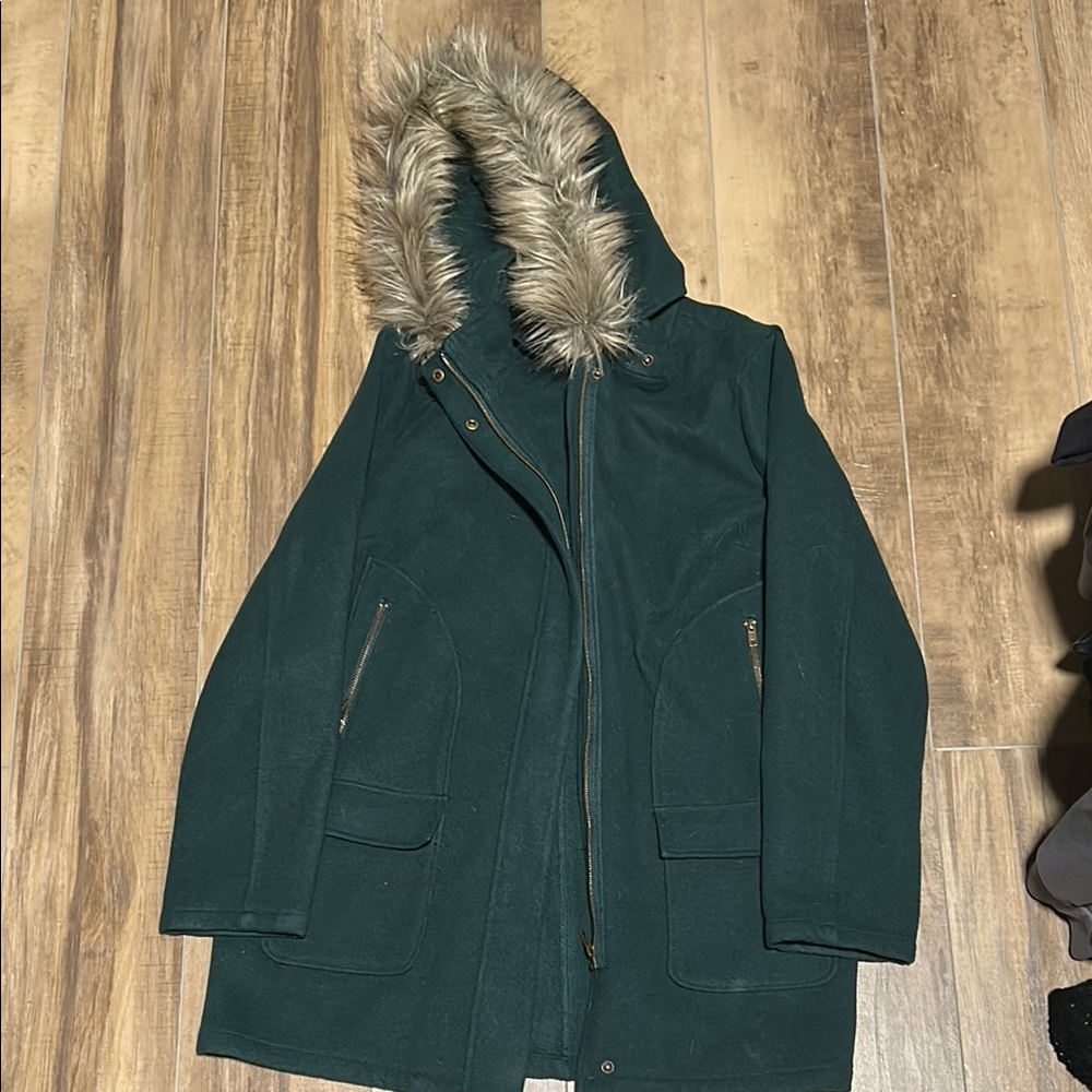 JustFab Green Puffer Coat with Faux Fur Hood